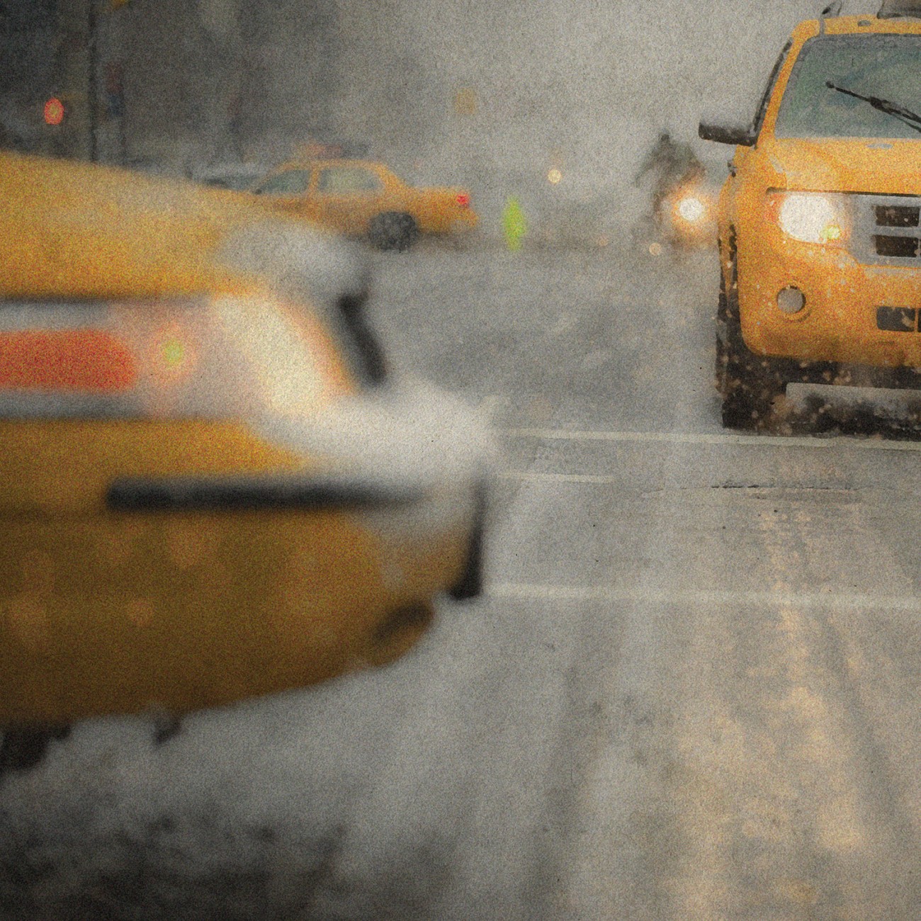 Taxis in snow, New York, 2010